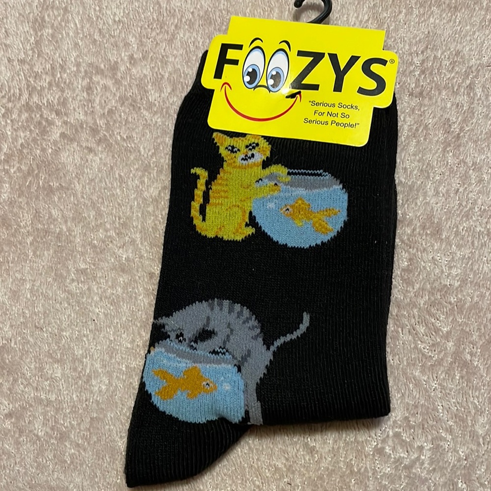 Foozy’s Women’s  Collection.  Black Cat n Fish Bowl Crew Socks
